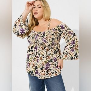 Washable Challis Smocked Cold Shoulder Top
